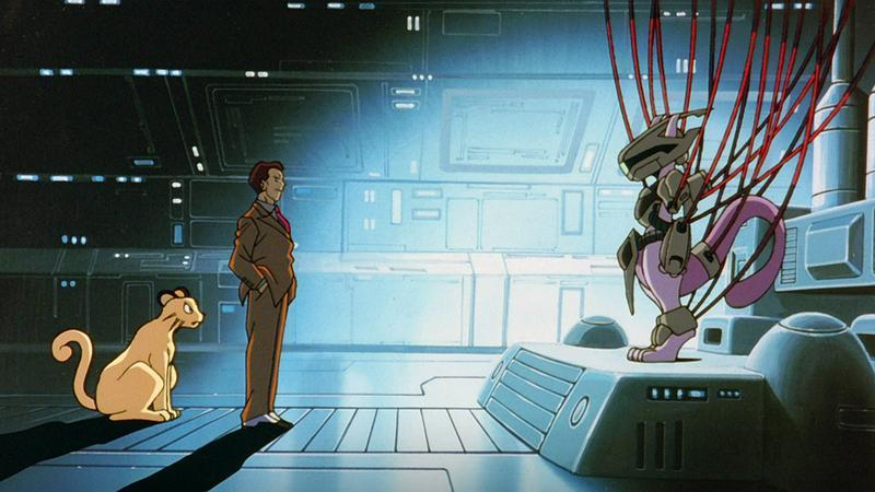 Giocanni from Team Rocket looking at Mewtwo in a lab in Pokemon