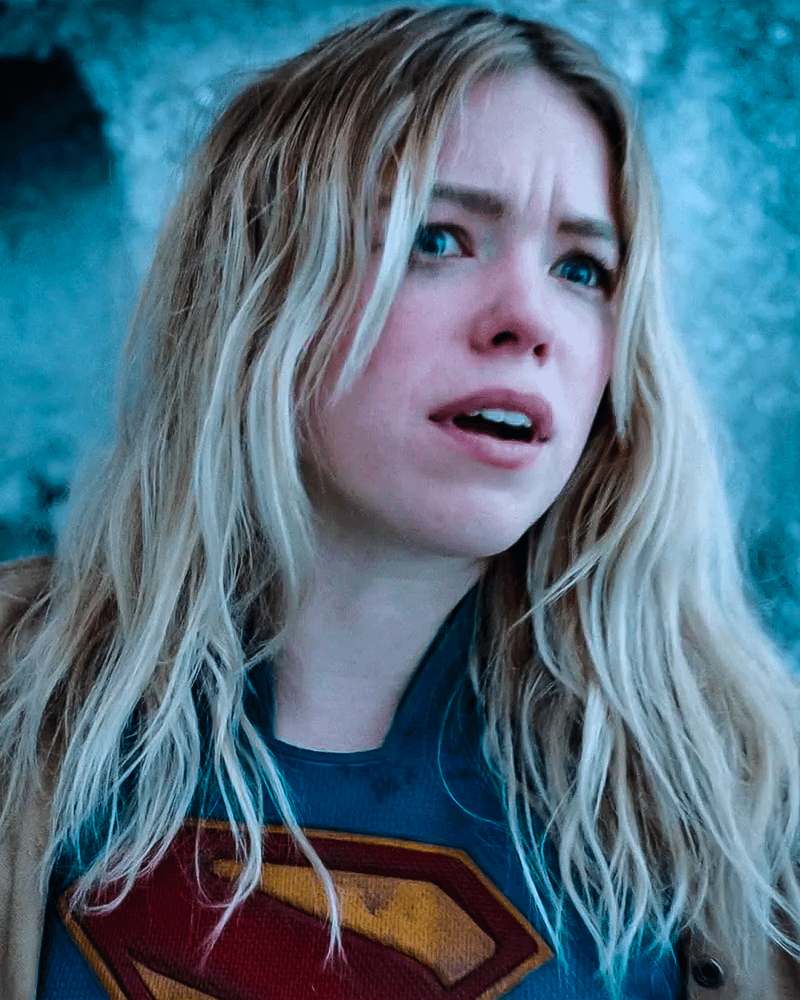 A close-up on Milly Alcock's Supergirl in Superman