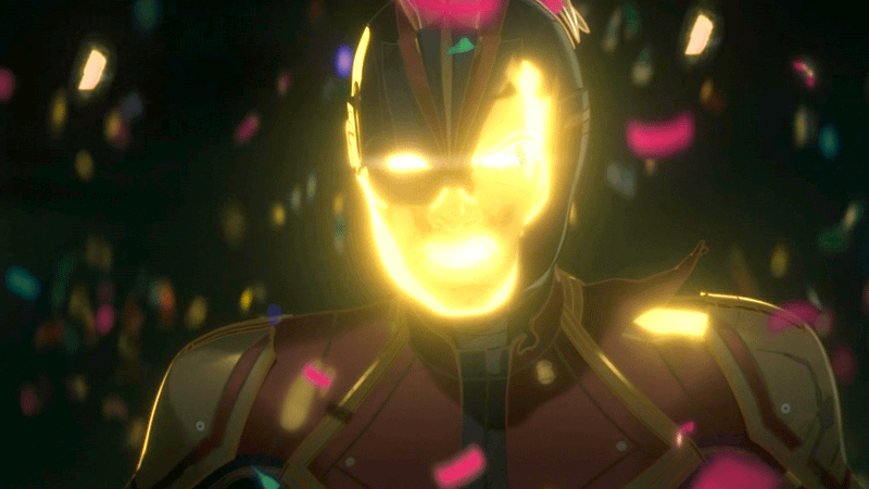 Zombie Captain Marvel with a glowing face in her superhero armor in Marvel Zombies
