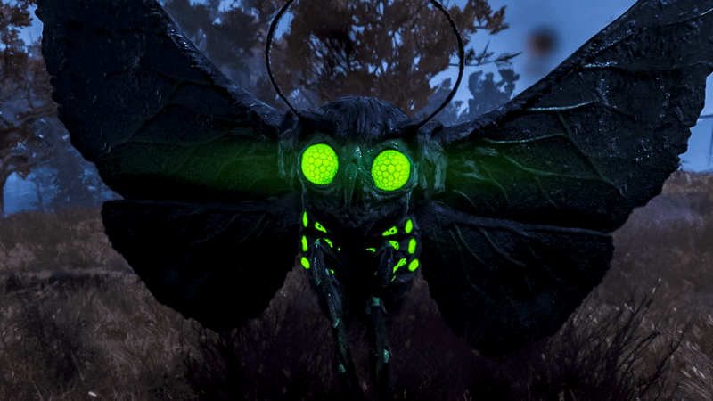 Glowing Mothman flying with its green glowing eyes in Fallout