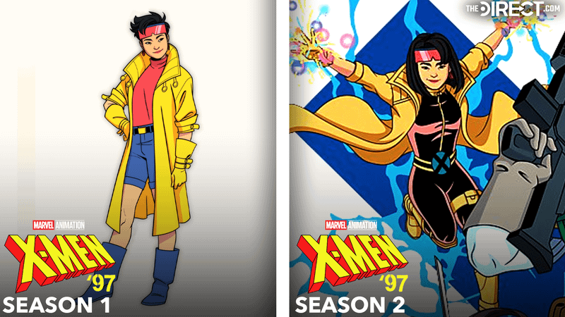 Jubilee in jean shorts, pink top, and yellow raincoat from 'X-Men '97' Season 1, Jubilee in black bodysuit and yellow raincoat from 'X-Men '97' Season 2.