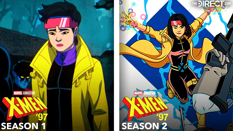 Jubilee in black shirt with purple collar and yellow raincoat in 'X-Men '97' Season 1, pink top, and yellow raincoat from 'X-Men '97' Season 1, Jubilee in black bodysuit and yellow raincoat from 'X-Men '97' Season 2.