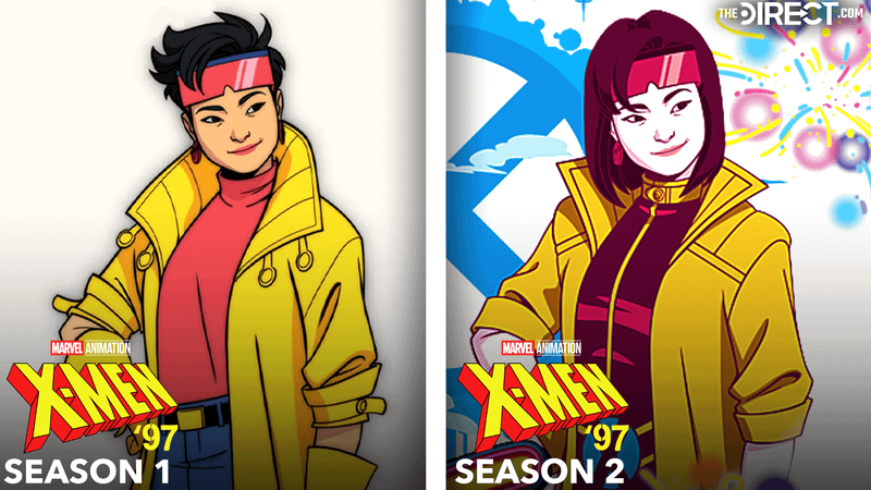 Jubilee in jean shorts, pink top, and yellow raincoat from 'X-Men '97' Season 1 close up, Jubilee in yellow jacket and red shirt from 'X-Men '97' Season 2.