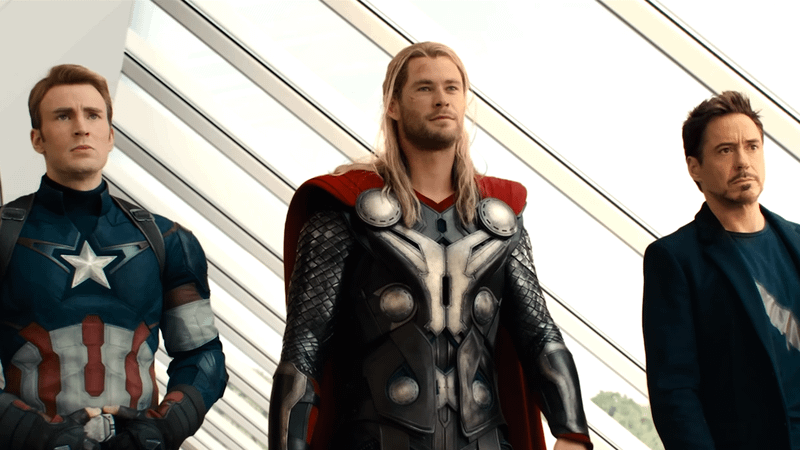 Chris Evans as Steve Rogers, Chris Hemsworth as Thor, and Robert Downey Jr. as Tony Stark in Avengers: Age of Ultron