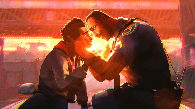 Miles and Jefferson in Spider-Man: Beyond the Spider-Verse.