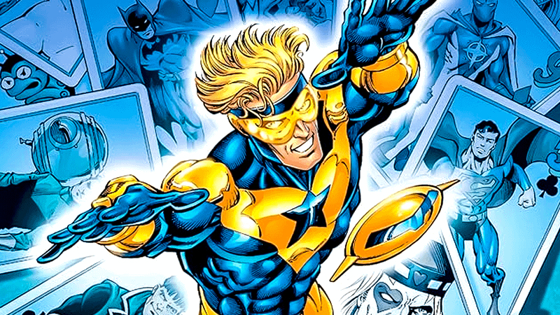 Booster Gold jumping toward the screen in DC Comics