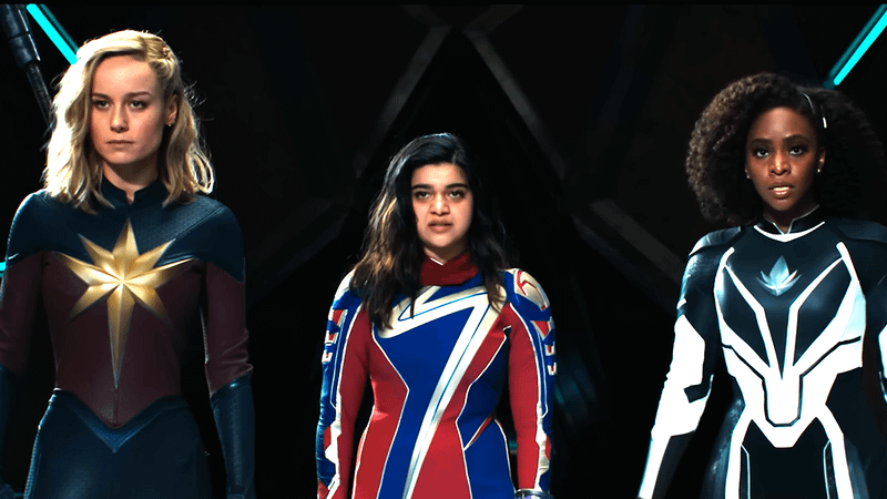 Brie Larson as Captain Marvel, Iman Vellani as Ms. Marvel, Teyonah Parris as Photon in The Marvels