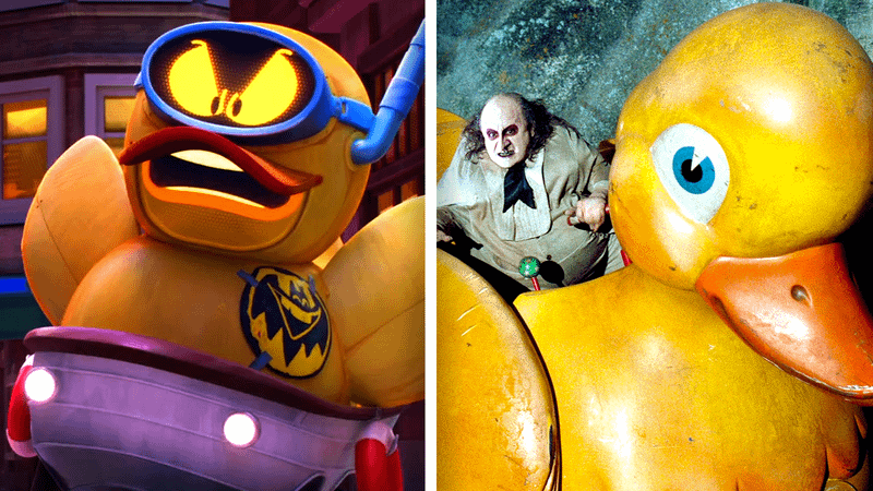 Ducky in Batwheels, Danny Devito as Penguin on a rubber duck boat in Batman Returns