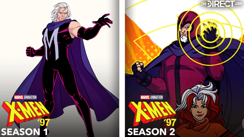 Magneto in purple bodysuit and cape with M on the front in 'X-Men '97' Season 1, Magneto in maroon suit and purple cape with maroon helmet in 'X-Men '97' Season 2.
