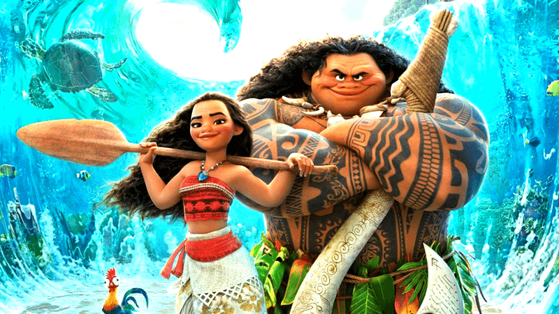 Moana and Maui standing together with a wave behind them in Moana