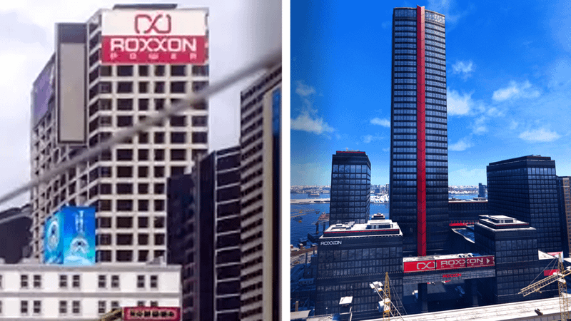 The Roxxon Power building from Wolverine on the left and the Roxxon Power building from Spider-Man on the right.