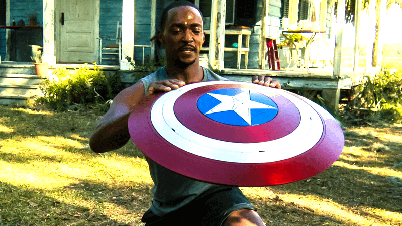 Sam Wilson with the shield in The Falcon and the Winter Soldier.