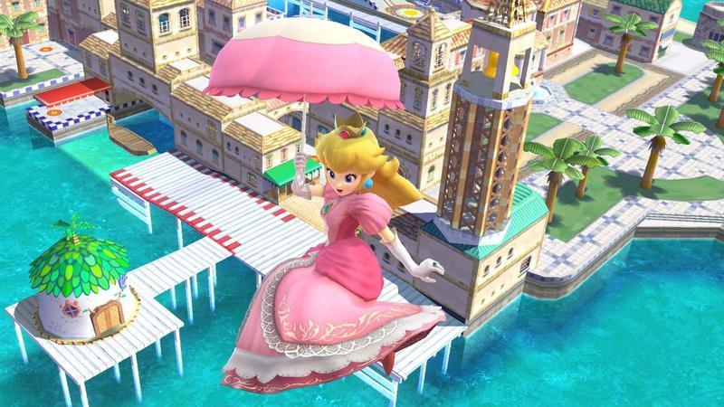Princess Peach floating in the sky with a parasol in Super Smash Bros.