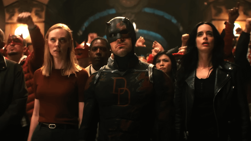 Karen Page, Detective Mahoney, Daredevil and Jessica Jones in Daredevil: Born Again Season 2.