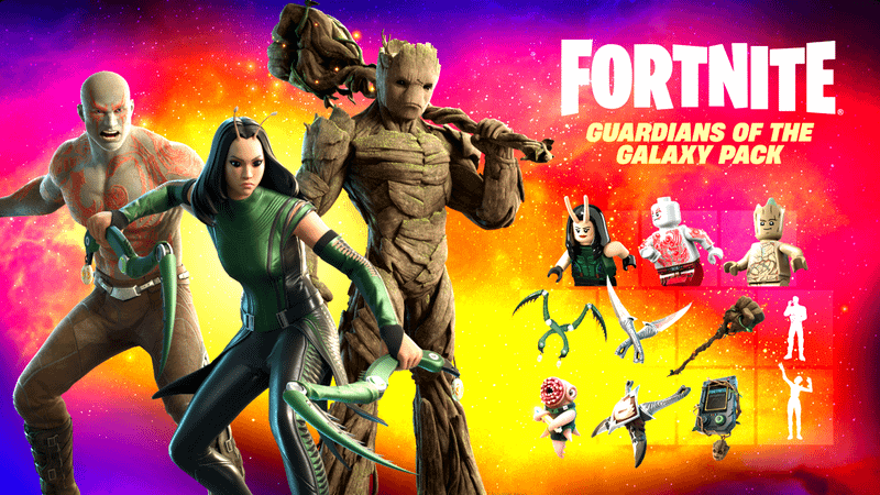 Drax, Mantis, and Groot skins from Fortnite