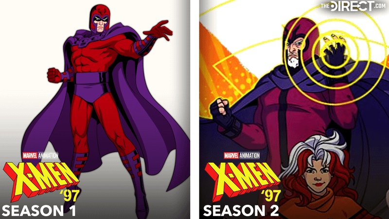 Magneto in red and purple suit with red helmet in 'X-Men '97' Season 1, Magneto in maroon suit and purple cape with maroon helmet in 'X-Men '97' Season 2.