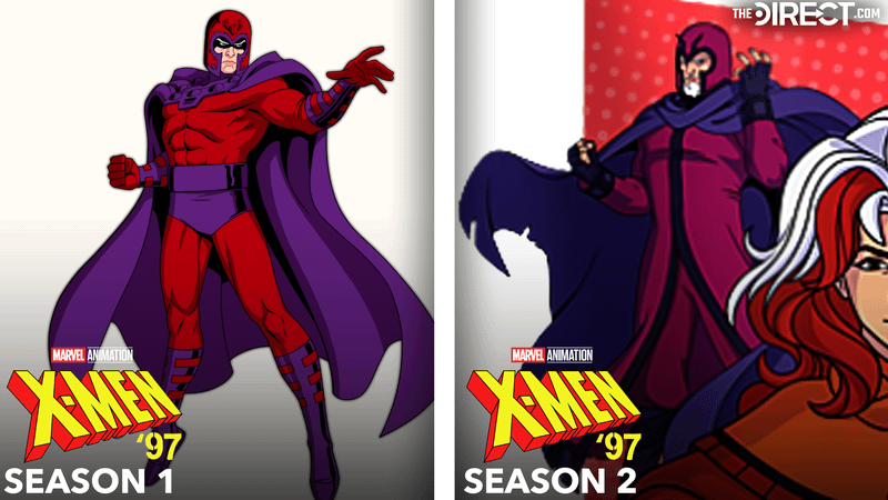Magneto in red and purple suit with red helmet in 'X-Men '97' Season 1, Magneto in red and purple suit with frayed cape in 'X-Men '97' Season 2.