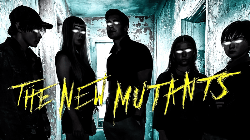Five shadowy figures with glowing white eyes inside a derelict building, with The New Mutants logo in front of them.
