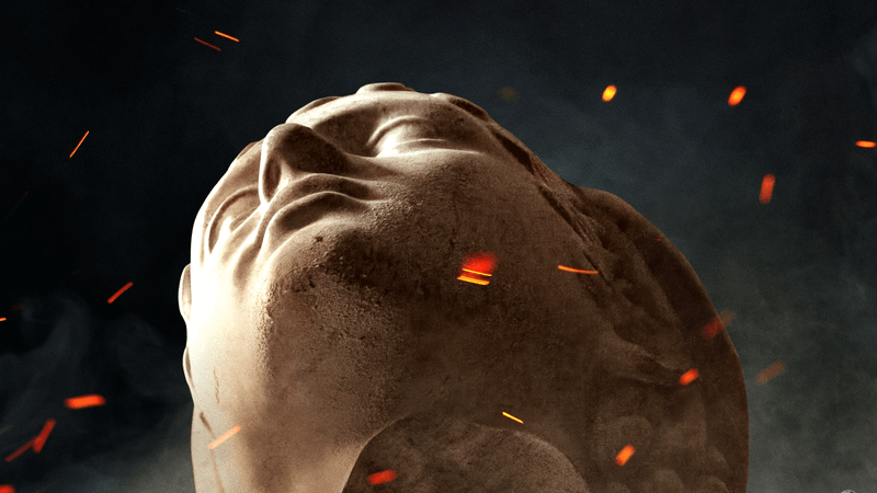 A sculpted face with sparks flying around it in The Odyssey