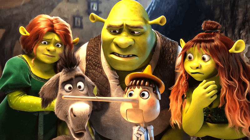 Fiona, Donkey, Shrek, Pinocchio, and Felicia in Shrek 5.