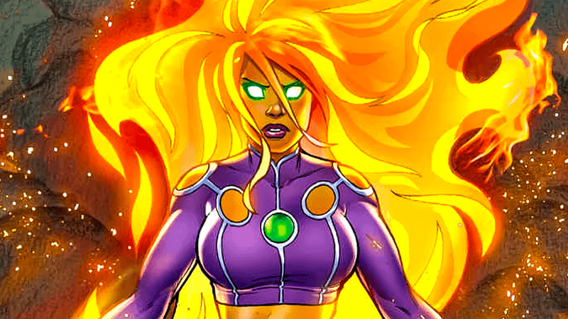 Starfire with her hair on fire in DC Comics