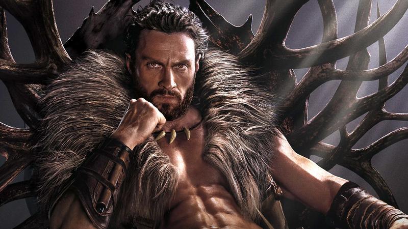 Aaron Taylor-Johnson as Kraven sitting on a throne in Kraven