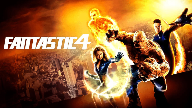Jessica Alba as Sue Storm, Chris Evans as Johnny Storm/The Human Torch, Michael Chiklis as The Thing, and Ioan Gruffudd as Reed Richards high above New York City in 2005's Fantastic Four.