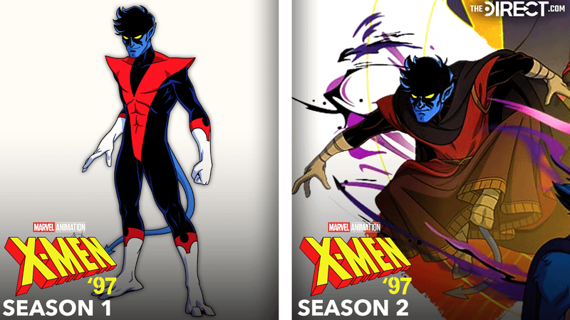 Nightcrawler in red and blue suit in 'X-Men '97' Season 1, Nightcrawler in red suit with brown robe around his legs in 'X-Men '97' Season 2.