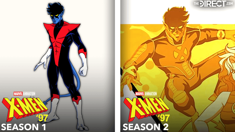 Nightcrawler in red and blue suit in 'X-Men '97' Season 1, Nightcrawler in X-Men suit with yellow hue in 'X-Men '97' Season 2.