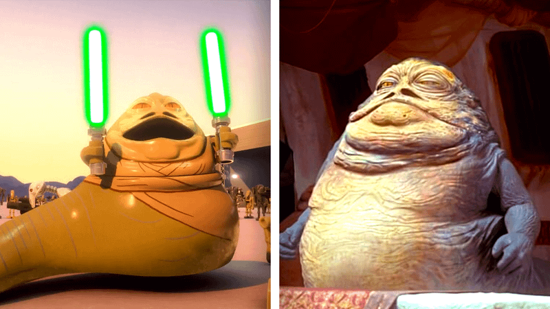 Jedi Jabba the Hutt in LEGO form holding out his two sabers compared to the live-action Jabba in The Phantom Menace
