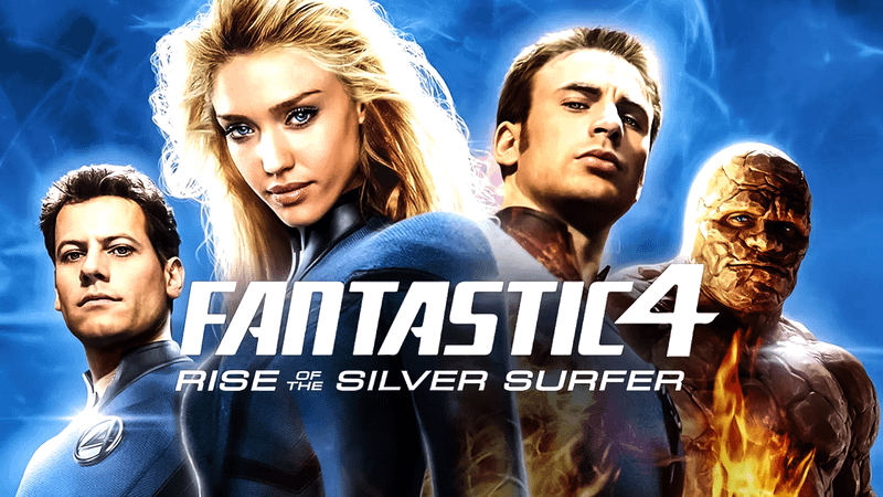 Ioan Gruffud as Reed Richards, Jessica Alba as Sue Storm, Chris Evans as Johnny Storm/Human Torch, and Michael Chiklis as The Thing in front of a blue background in a promotional image for Fantastic Four: Rise of the Silver Surfer.