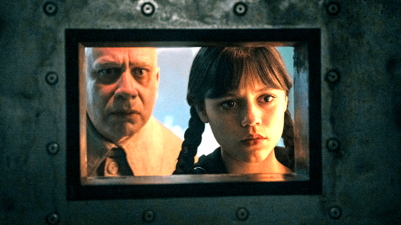 Fred Armisen as Uncle Fester & Jenna Ortega as Wednesday in Wednesday Season 2, Episode 4