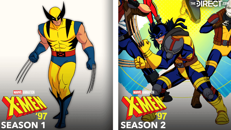 Wolverine in yellow and blue suit from 'X-Men '97' Season 1, Wolverine in blue and yellow suit with blue facemask in 'X-Men '97' Season 2.