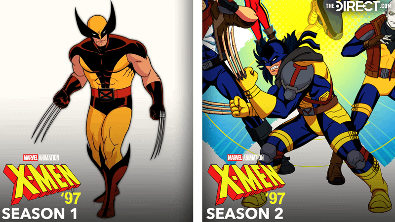 Wolverine in brown and tan suit from 'X-Men '97' Season 1, Wolverine in blue and yellow suit with blue facemask in 'X-Men '97' Season 2.