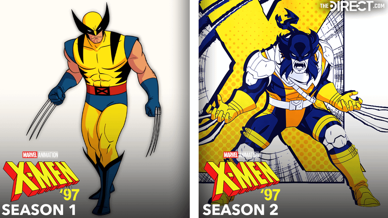Wolverine in yellow and blue suit from 'X-Men '97' Season 1, Wolverine in blue and yellow suit with blue facemask and white shoulder and knee pads in 'X-Men '97' Season 2.