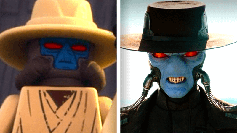 LEGO Cad Bane in white robes and live-action Cad Bane showing off his teeth in Book of Boba Fett