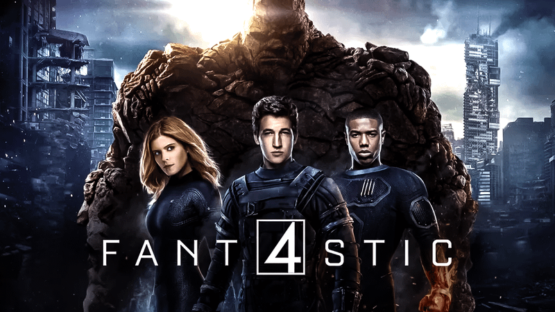 Kate Mara as Sue Storm, Miles Teller as Reed Richards, Michael B. Jordan as Johnny Storm/Human Torch, and Jamie Bell as Ben Grimm/The Thing in front of an apocalyptic cityscape in 2015's Fantastic Four.