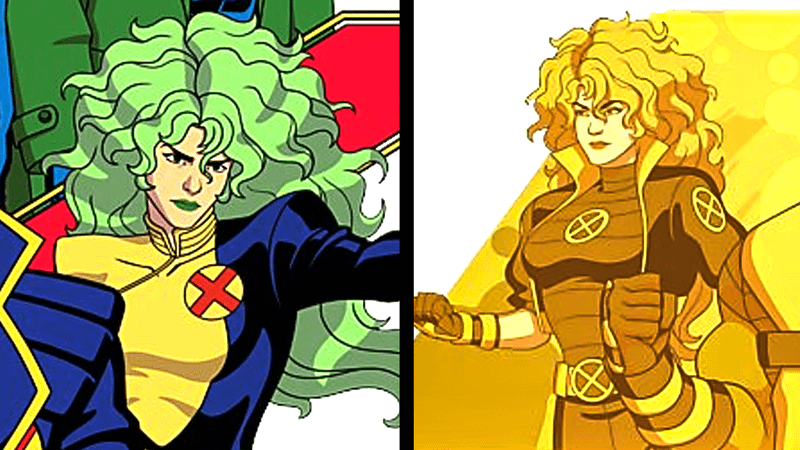 Green haired mutant Polaris in X-Men costumes with different textures.