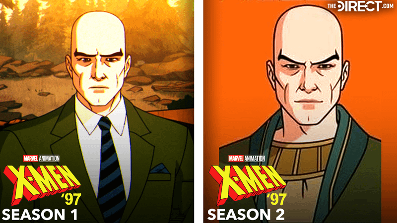 Professor X in green suit and tie in 'X-Men '97' Season 1, Professor X in tan shirt and blue robe in 'X-Men '97' Season 2.