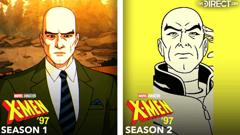 Professor X in green suit and tie in 'X-Men '97' Season 1, Professor X in new costume with yellow hue in 'X-Men '97' Season 2.