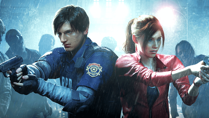 Leon and Claire standing together with their guns drawn in Resident Evil 2