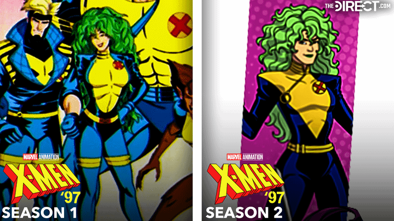 Polaris in blue and yellow X-Men suit in 'X-Men '97' Season 1, Polaris in X-Men costume (mostly blue with yellow on the chest) in 'X-Men '97' Season 2.