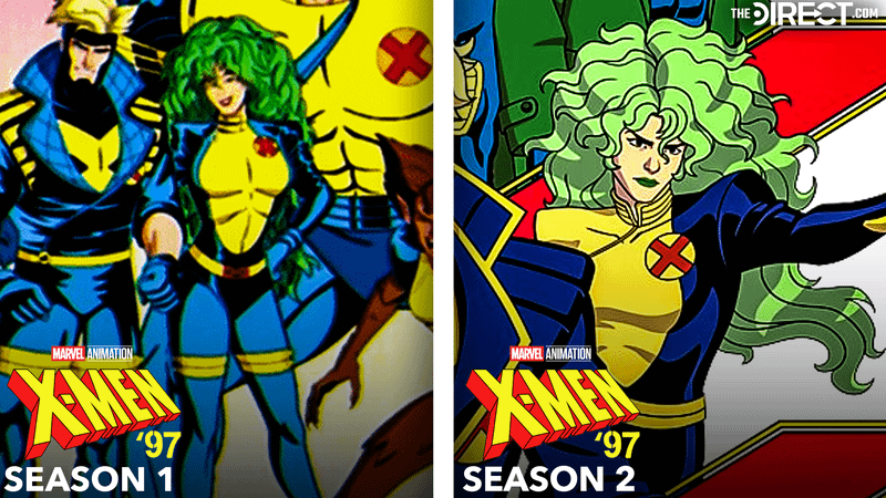 Polaris in blue and yellow X-Men suit in 'X-Men '97' Season 1, Polaris in X-Men costume (mostly blue with yellow on the chest) in 'X-Men '97' Season 2.