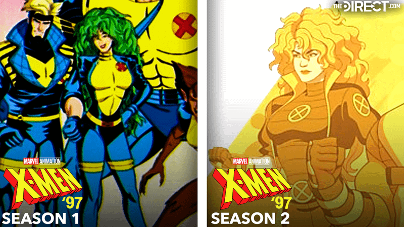 Polaris in blue and yellow X-Men suit in 'X-Men '97' Season 1, Polaris in new X-Men costume with yellow hue from 'X-Men '97' Season 2.