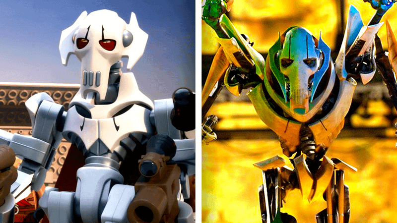 A comparison of LEGO General Grievous and live-action General Grievous from Revenge of the Sith 