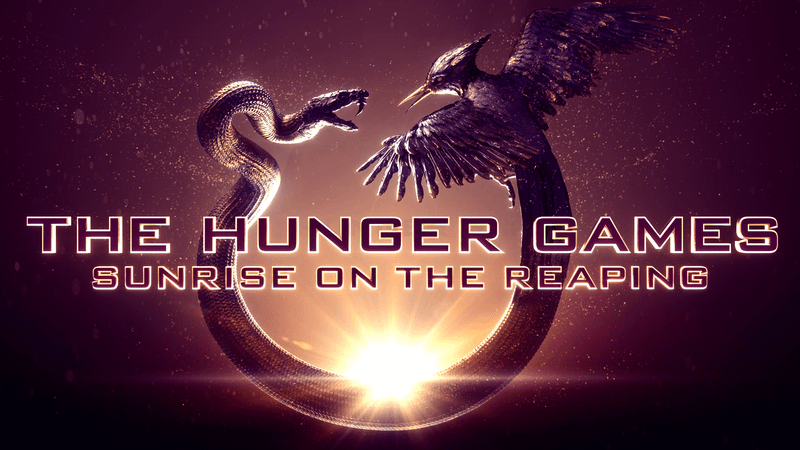 The Hunger Games: Sunrise on the Reaping title treatment with a snack and jay in the background