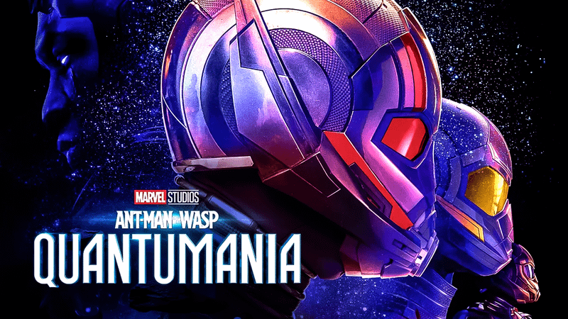 The helmets of Paul Rudd's Ant-Man, Evangeline Lilly's Wasp, and Kathryn Newton's Cassie Lang, as Jonathan Majors' Kang the Conqueror lurks in the background in a promotional image for Marvel Studios' Ant-Man and the Wasp: Quantumania.