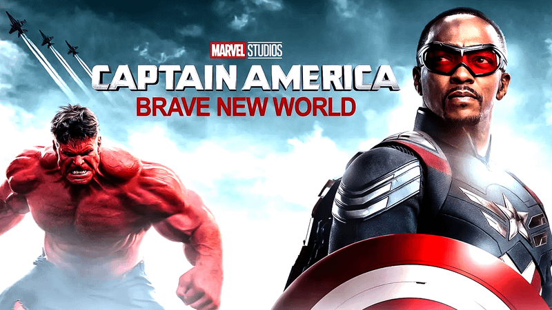 Anthony Mackie as Sam Wilson/Captain America with Harrison Ford as Red Hulk in front of a cloudy sky with fighter jets flying overhead in a promotional image for Marvel Studios' Captain America: Brave New World.
