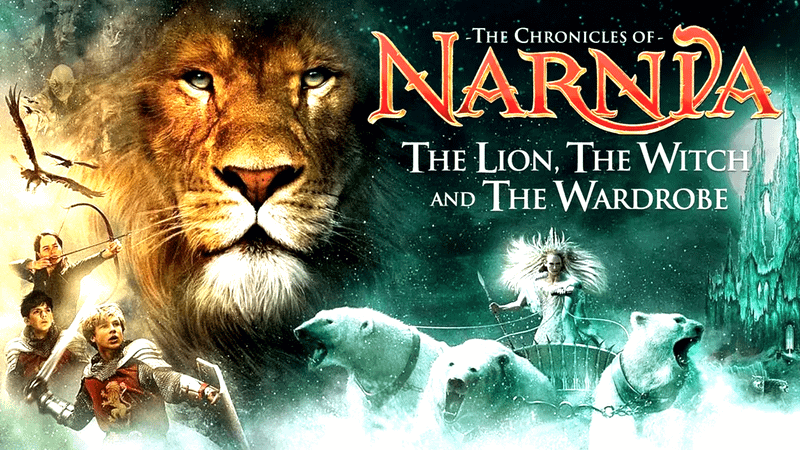The Chronicles of Narnia: The Lion, The Witch, and The Wardrobe poster featuring a large lion face and some polar bears