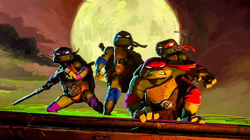 Donatello, Leonardo, Raphael and Michaelangelo in Teenage Mutant Ninja Turtles: Mutant Mayhem.